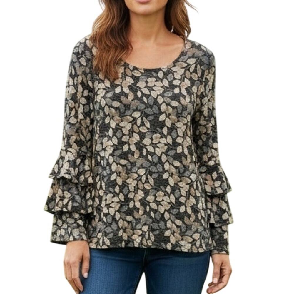 Style & Co Tiered Bell Sleeve Top Womens Medium Gray Leaf Print Soft Earthy